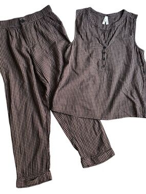 Pact Organic Coastal Double Gauze Henley Tank & Pants Set Black Gingham Sz Small